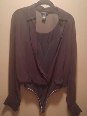 Donna Karan Silk Mocha Sheer Long-Sleeve Draped Bodysuit W Black Tank M